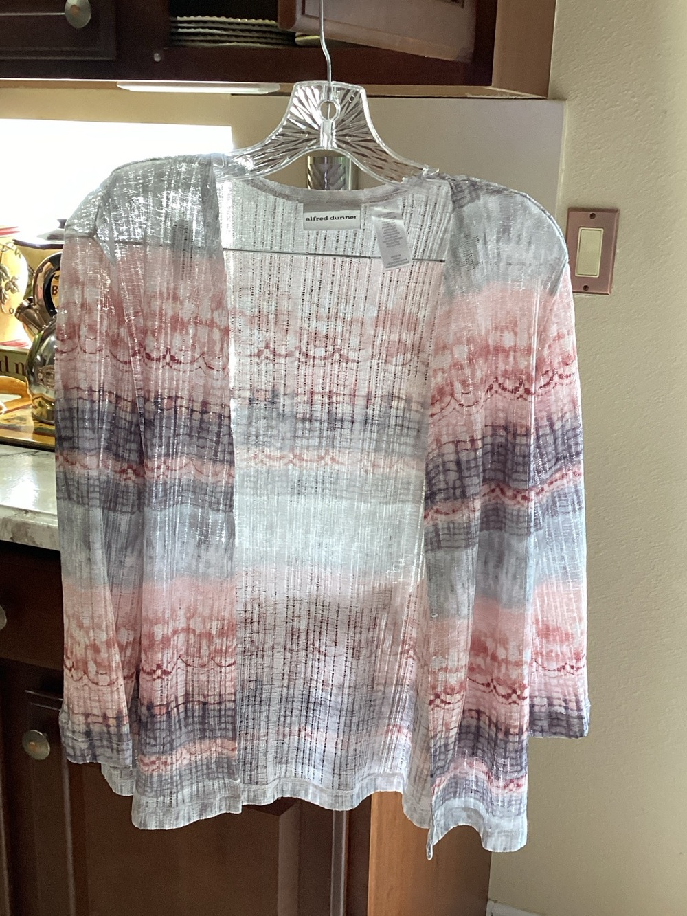 Alfred Dunner Pink, Gray & White Open-Front Lightweight Cardigan